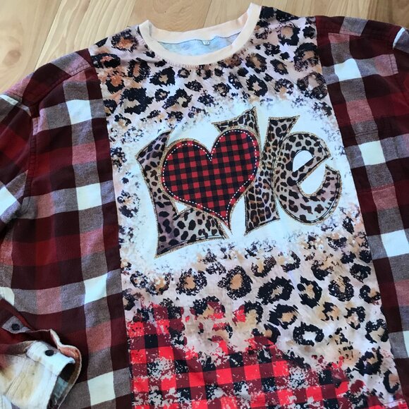 Reworked Flannel Shirt Plus Size: Upcycled Oversized Love Graphics Patchwork Tee - Picture 10 of 10
